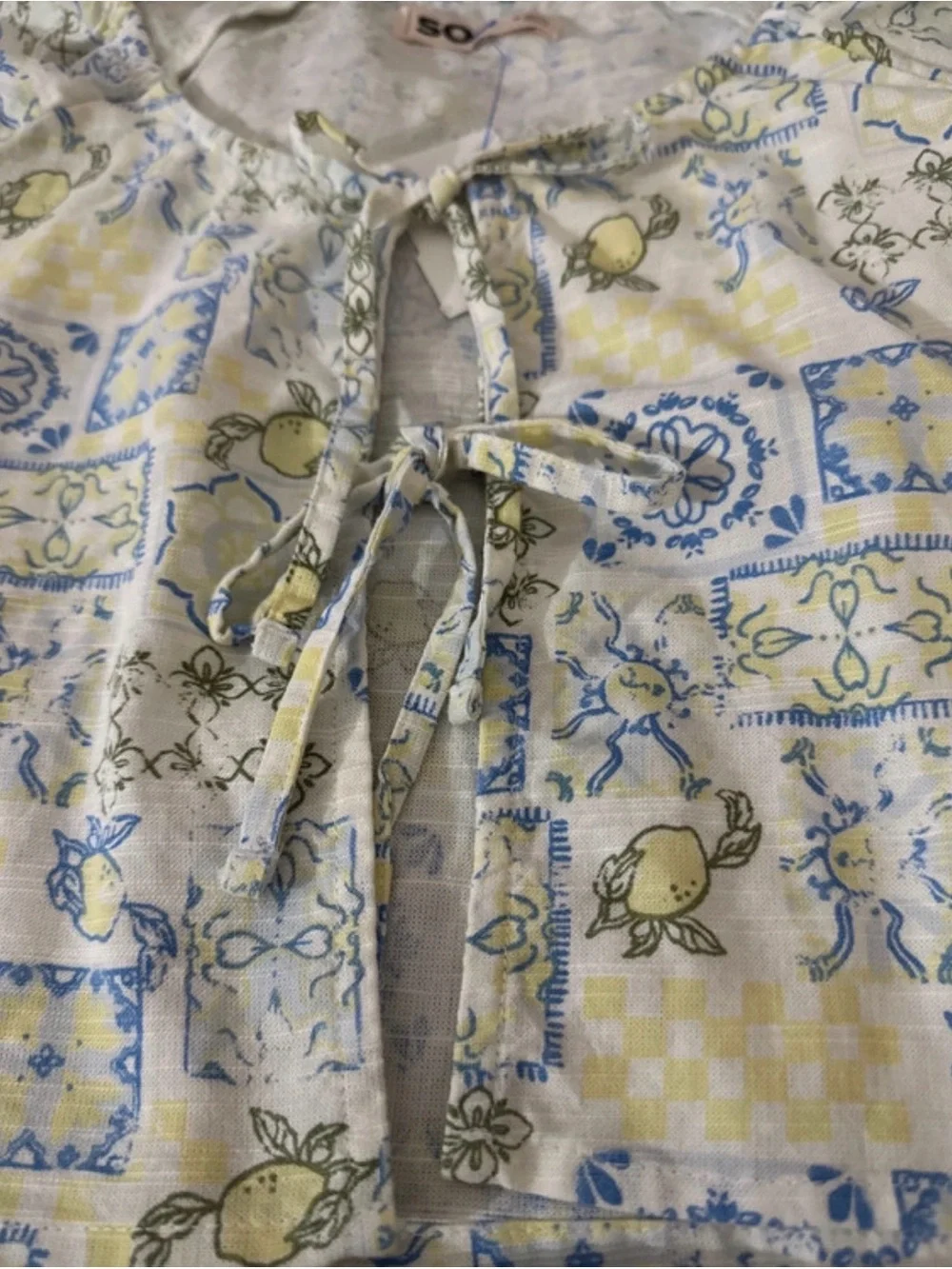 SO Lemon Tile Tie-Front Cropped Top in Blue, Yellow, Cream